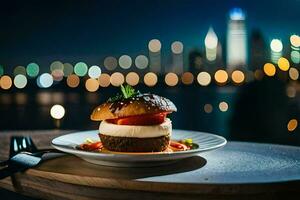 a burger on a plate with a cityscape in the background. AI-Generated photo