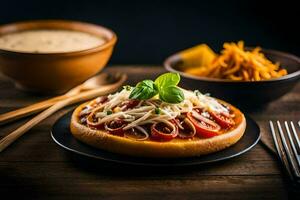 a pizza with cheese, tomatoes and basil on a plate. AI-Generated photo