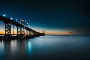 the long exposure photograph of the long bridge at sunset. AI-Generated photo