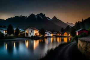 foto fondo de pantalla el cielo, montañas, lago, casas, el noche, el montañas, el lago. generado por ai