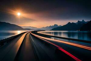 a long exposure photograph of a highway with mountains in the background. AI-Generated photo