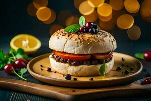 a hamburger with cherries and tomatoes on a wooden plate. AI-Generated photo