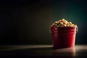 a red bucket filled with peanuts on a dark table. AI-Generated photo