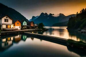 casas en el apuntalar de un lago a puesta de sol. generado por ai foto