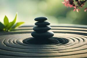 a stack of stones on top of a wooden table. AI-Generated photo