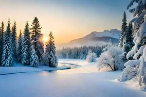 winter landscape with snow covered trees and river. AI-Generated photo