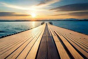a wooden dock extends into the ocean at sunset. AI-Generated photo