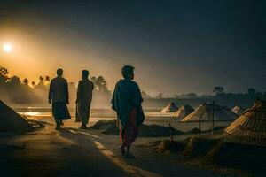 Tres personas caminando a lo largo un suciedad la carretera a puesta de sol. generado por ai foto