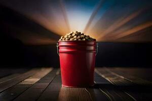 a red bucket filled with dog food on a wooden table. AI-Generated photo