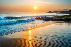 the sun sets over the ocean and waves. AI-Generated photo