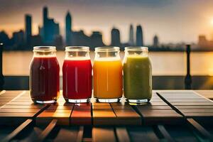 jugo en lentes en un mesa con ciudad horizonte en el antecedentes. generado por ai foto