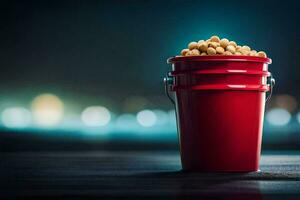 a red bucket filled with peanuts on a table. AI-Generated photo