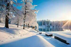 snow covered trees and benches by a lake. AI-Generated photo