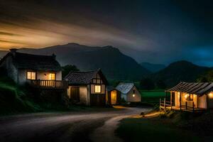 foto fondo de pantalla el cielo, montañas, el oscuro, el noche, el aldea, el camino,. generado por ai