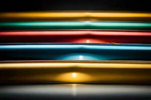 a row of colorful surfboards on a black background. AI-Generated photo