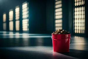 a red bucket filled with peanuts sits on the floor. AI-Generated photo
