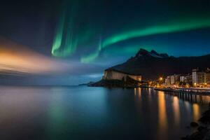 the aurora borealis lights up the sky over a city. AI-Generated photo