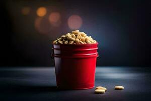a red bucket filled with peanuts on a dark background. AI-Generated photo