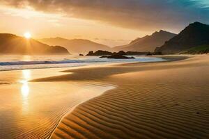 the sun rises over the ocean and mountains in this beautiful beach photo. AI-Generated photo