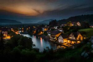 photo wallpaper the sky, night, river, houses, slovenia, europe. AI-Generated