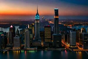 el ciudad horizonte a puesta de sol en nuevo york generado por ai foto