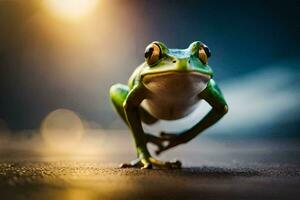 a frog is standing on the ground with its legs spread. AI-Generated photo