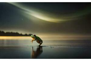 un rana en pie en el apuntalar de un lago con un Aurora ligero. generado por ai foto