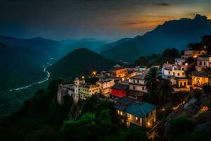 un pueblo en el lado de un montaña a noche. generado por ai foto