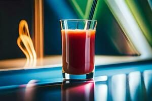 a glass of red juice sitting on a table. AI-Generated photo