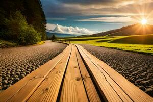 de madera camino en el medio de un campo. generado por ai foto