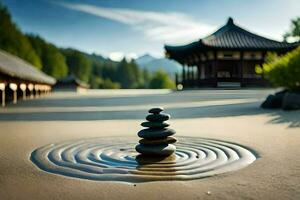 a rock pile sits on the sand in front of a pagoda. AI-Generated photo