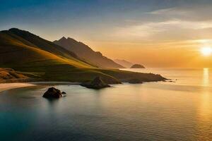 the sun sets over a beach and mountains. AI-Generated photo