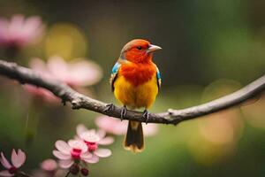 a colorful bird sits on a branch with pink flowers. AI-Generated photo