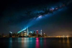 the city skyline is lit up at night with a milky. AI-Generated photo