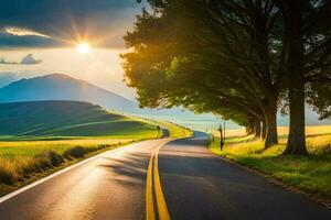 the sun shines on a road in the middle of a field. AI-Generated photo