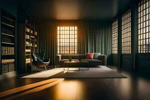 a living room with a couch and bookshelves. AI-Generated photo