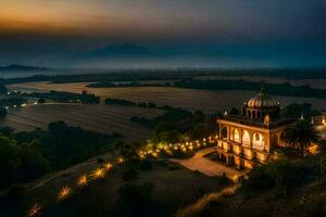 the sunset over the hillside with a temple in the foreground. AI-Generated photo