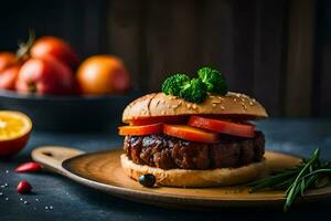 a hamburger with tomatoes and herbs on a wooden plate. AI-Generated photo