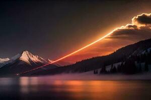 un largo línea de ligero es visto en el cielo encima un montaña. generado por ai foto