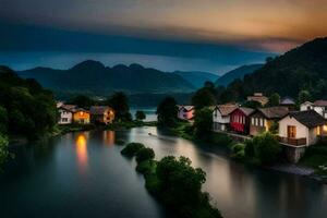 un río carreras mediante un pueblo a oscuridad. generado por ai foto