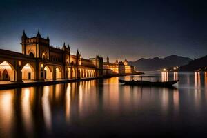 a boat sits on the water at night in front of a building. AI-Generated photo