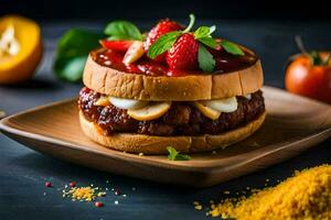 a hamburger with tomato sauce and strawberries. AI-Generated photo