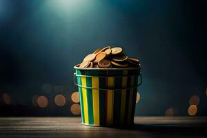 a bucket filled with coins on a table. AI-Generated photo