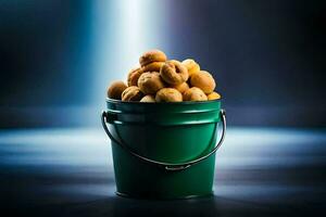 a bucket filled with nuts on a dark background. AI-Generated photo