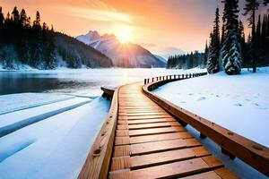 a wooden boardwalk leads to a lake in the winter. AI-Generated photo