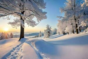 a snowy landscape with trees and a sun setting. AI-Generated photo