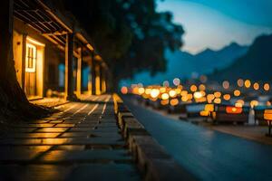 a long walkway with lights on the side. AI-Generated photo