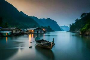 a boat sits on the water in front of a house. AI-Generated photo