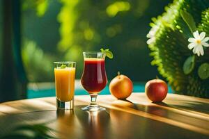 two glasses of juice and an apple on a table. AI-Generated photo