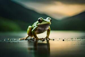 un rana sentado en el suelo en frente de un lago. generado por ai foto